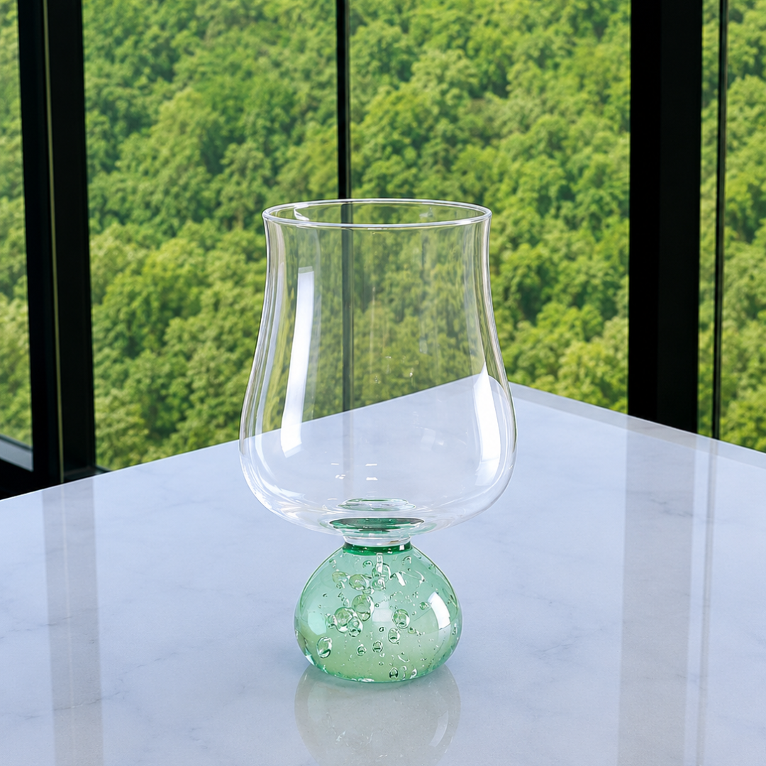 Set of 6 wine glasses Sphere base for wine Green and Clear 440ml