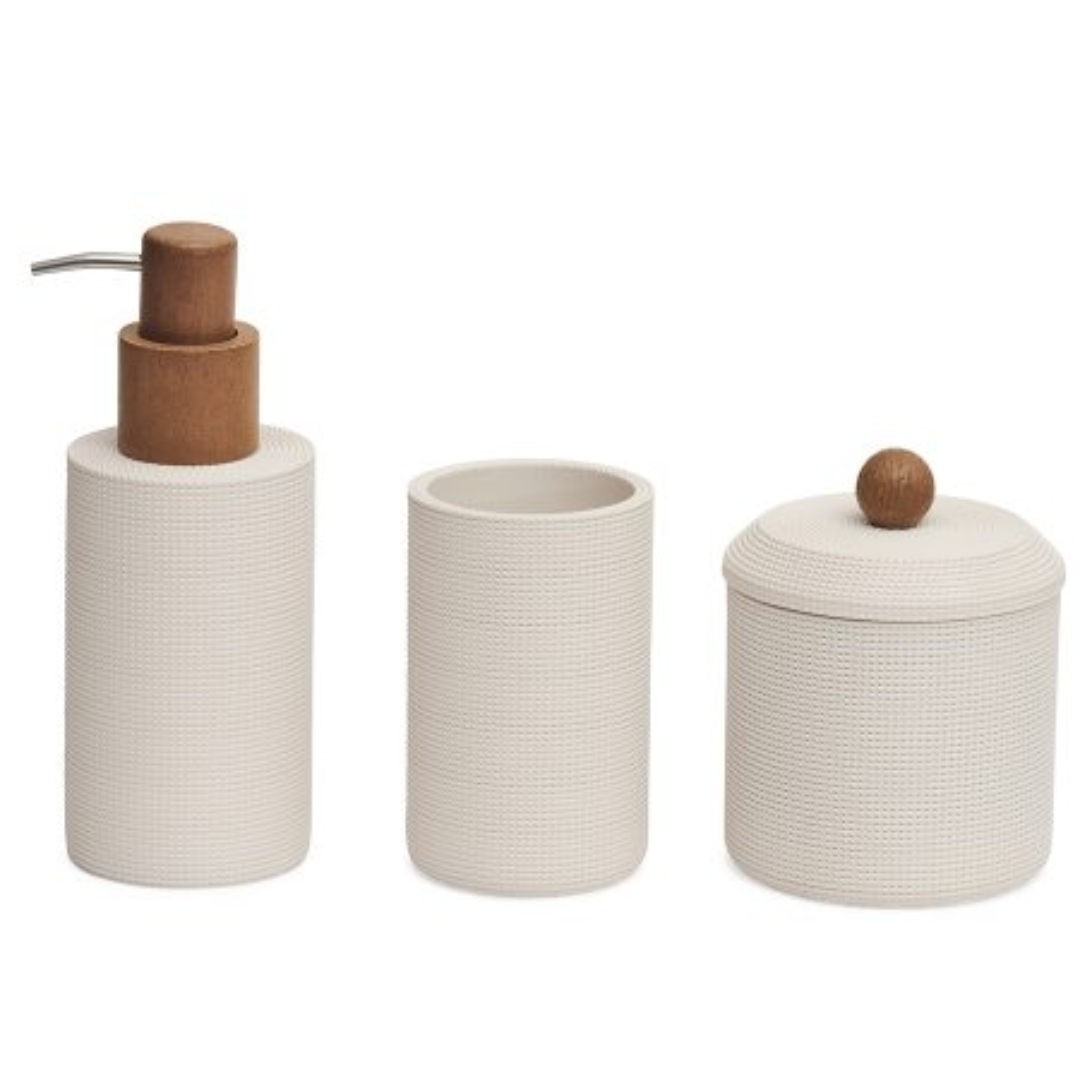 Bathroom set Polyresin Beige with Details in wood 3 Pieces