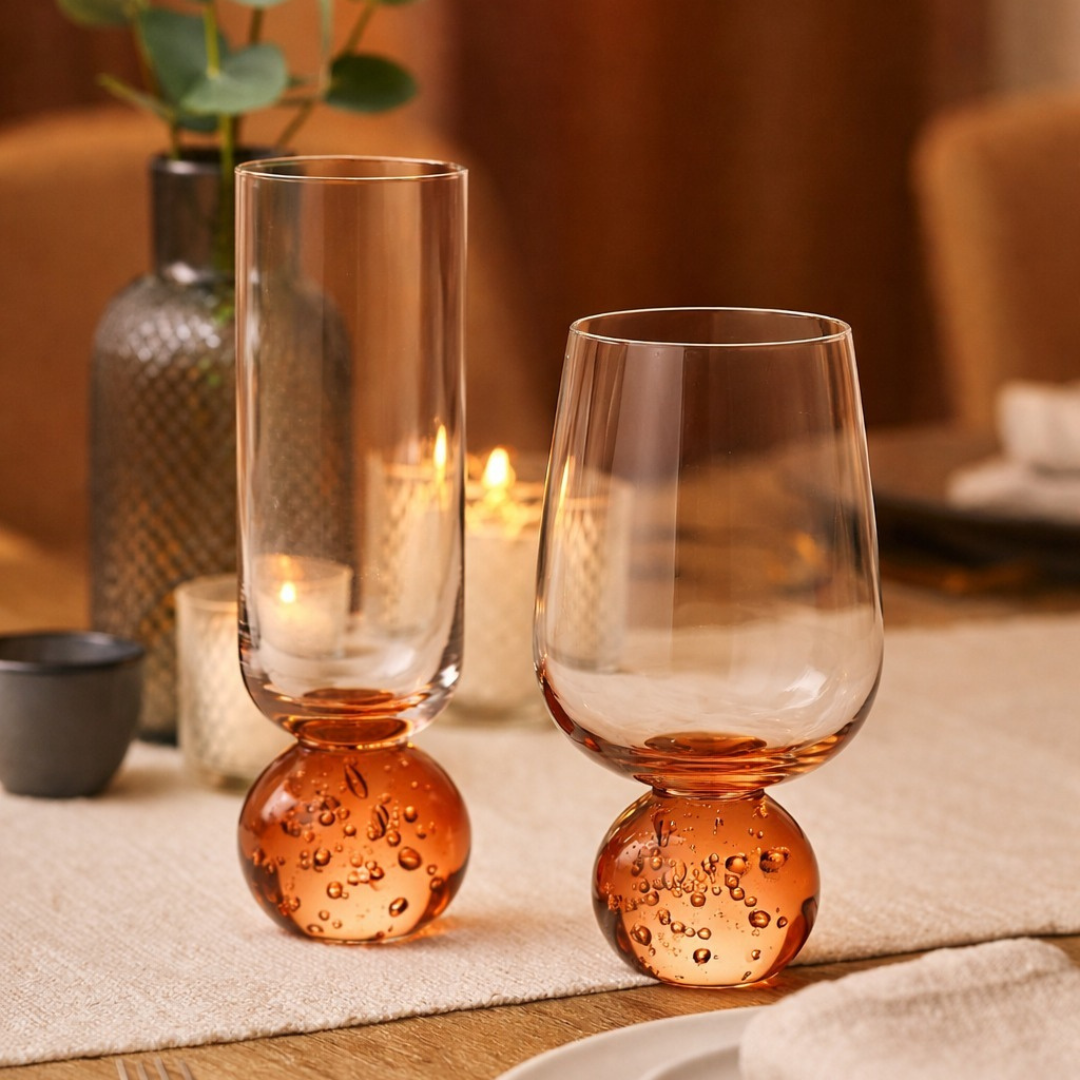 Stemless wine glass for champagne Glass with base Sphere Clear and Amber 250ml