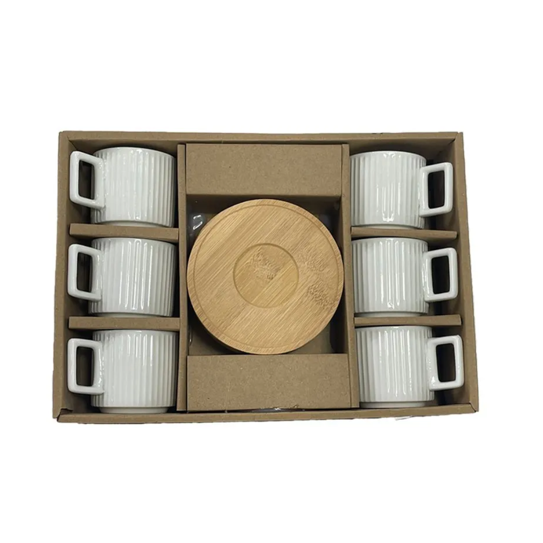 Set of 6 cups of Coffee White in porcelain with saucer of Wood 90ml