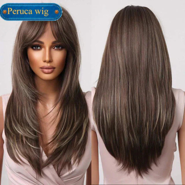 Peruca wig média com franja orgânica fibra premium