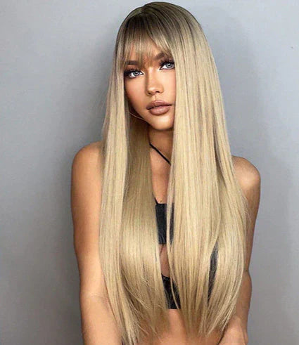 Peruca wig média com franja orgânica fibra premium