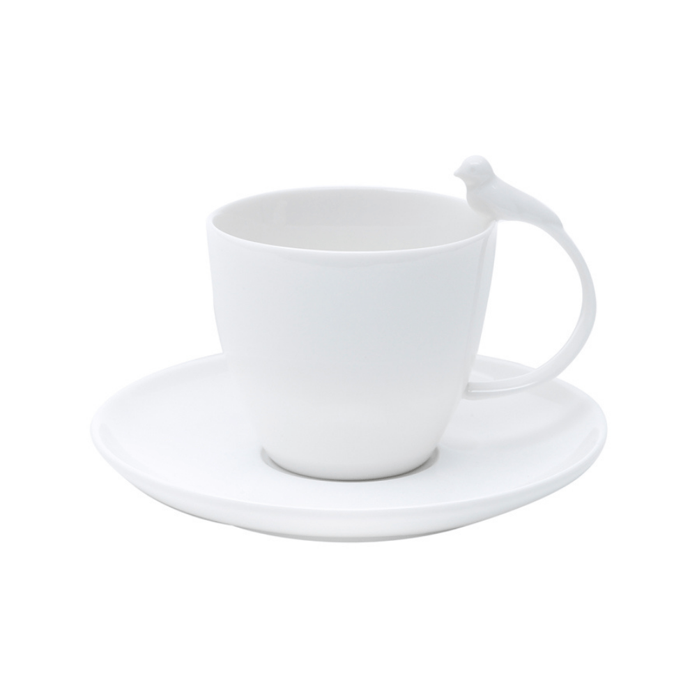 Set of 6 cups of Cha Porcelain with saucer Birds White 200ml