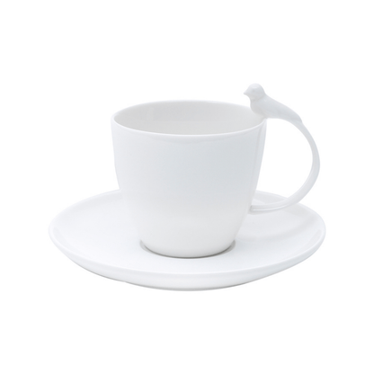 Set of 6 cups of Cha Porcelain with saucer Birds White 200ml