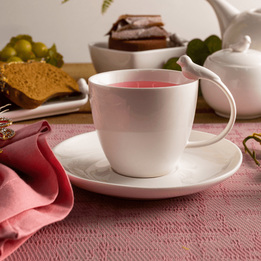 Set of 6 cups of Cha Porcelain with saucer Birds White 200ml