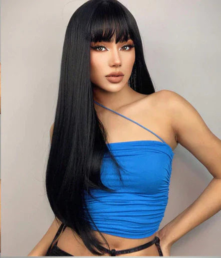 Peruca wig média com franja orgânica fibra premium