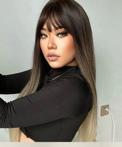 Peruca wig média com franja orgânica fibra premium