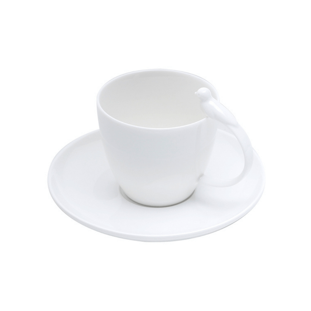 Set of 6 cups of Cha Porcelain with saucer Birds White 200ml