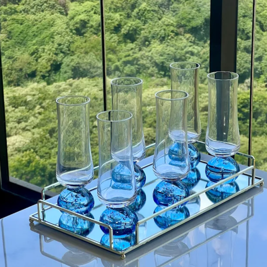 Set of 6 wine glasses Champagne Sphere base Blue and Clear 240ml