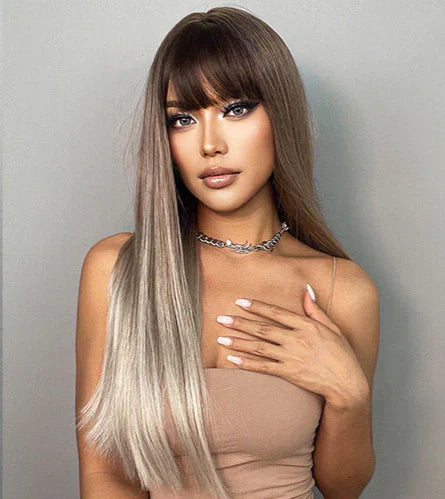 Peruca wig média com franja orgânica fibra premium