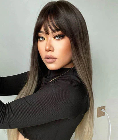 Peruca wig média com franja orgânica fibra premium