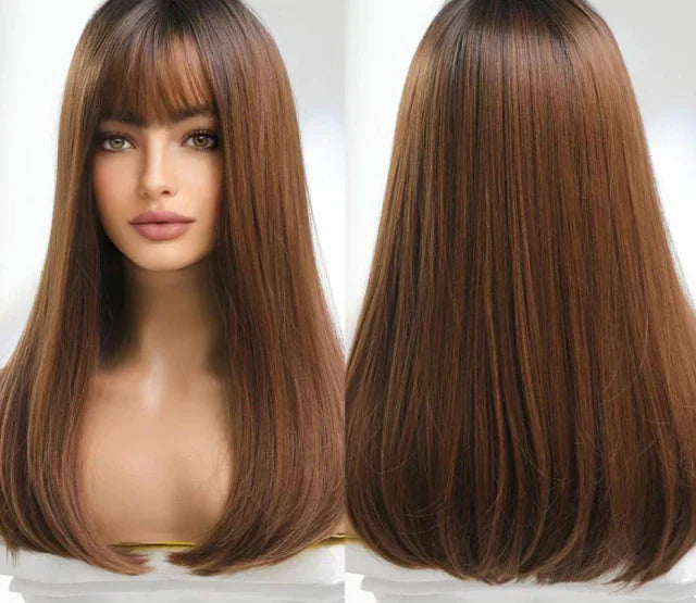 Peruca wig média com franja orgânica fibra premium