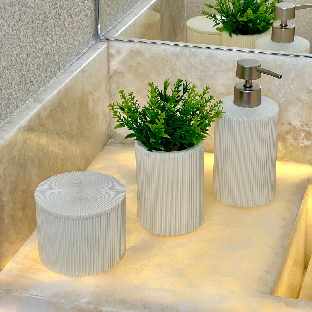 Bathroom set Ribbed in polyresin White 3 Pieces