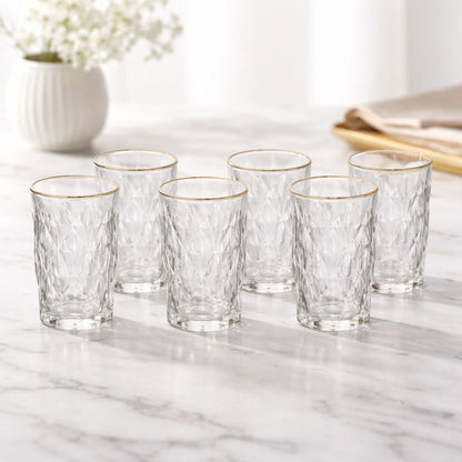 Set of 6 glasses Diamond Long Drink Gold trim 340ml