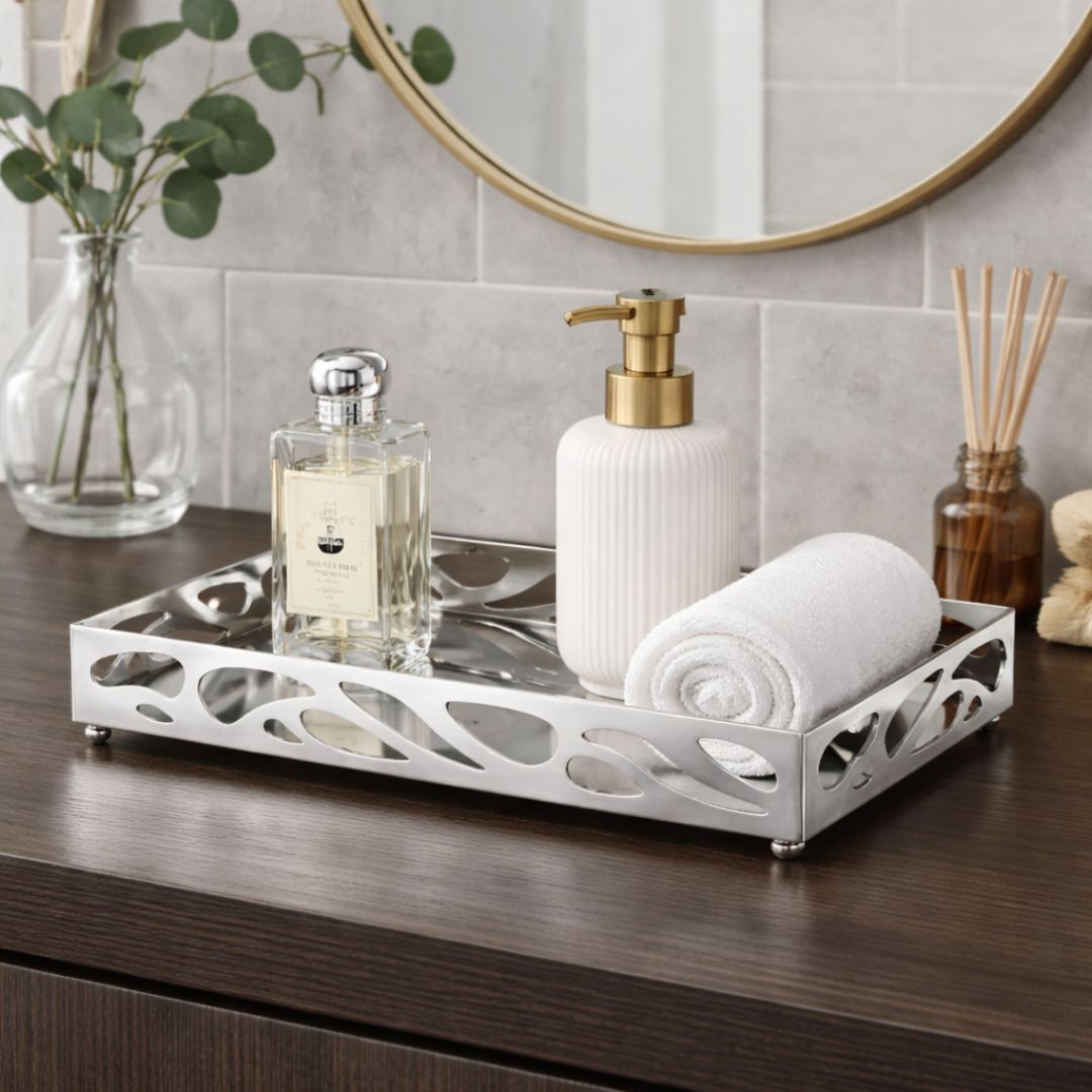Metal tray Mirrored Leaf Chrome 24cm