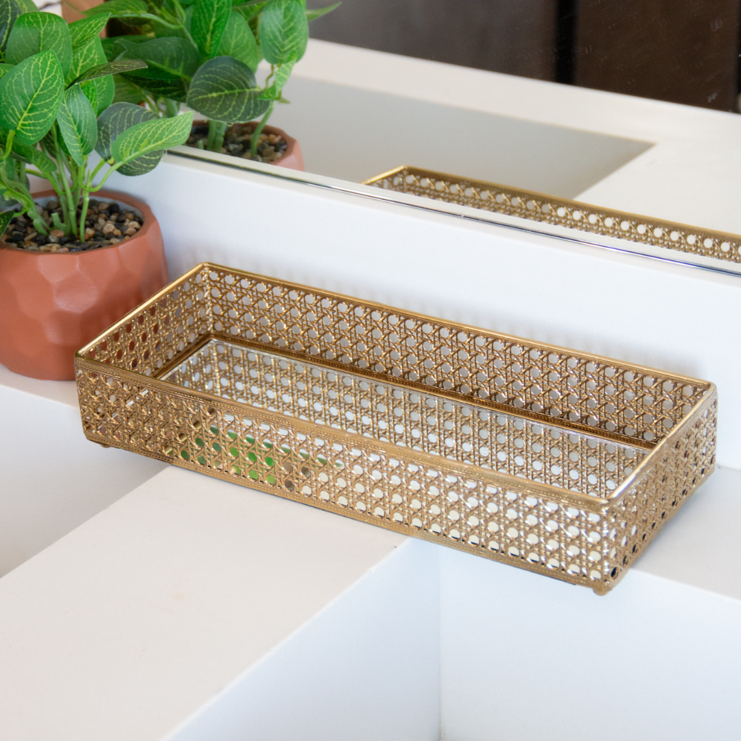 Rectangular tray of Metal Versailles with mirror Gold 32cm