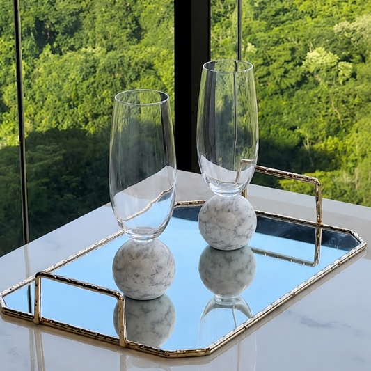 Set of 2 wine glasses Sphere base for champagne Glass and white marble 210ml