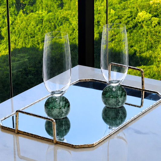 Set of 2 wine glasses Sphere base for champagne Crystal and green marble 210ml