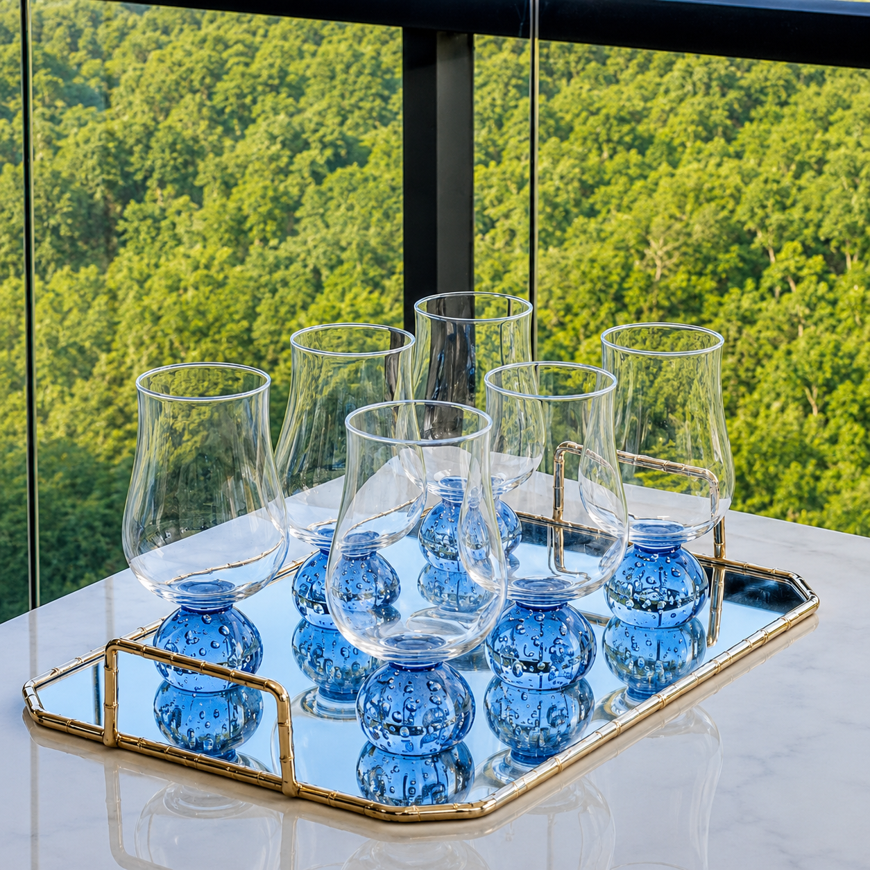 Set of 6 wine glasses Sphere base for wine Blue and Clear 440ml
