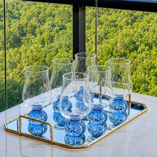 Set of 6 wine glasses Sphere base for wine Blue and Clear 440ml