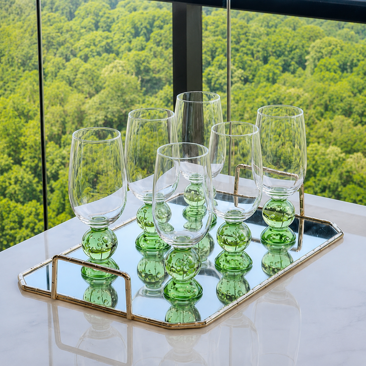 Set of 6 wine glasses Double sphere base Green 500ml