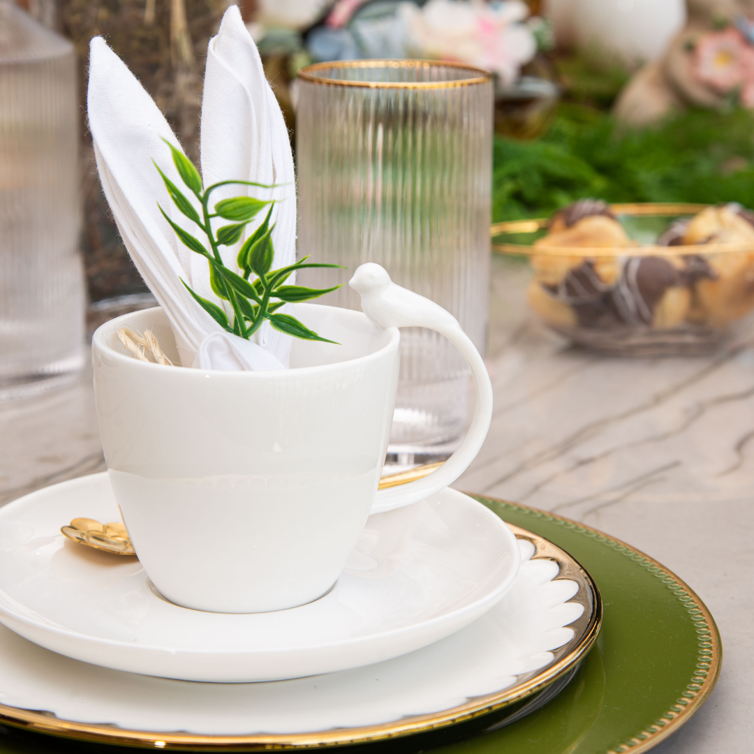 Set of 6 cups of Cha Porcelain with saucer Birds White 200ml