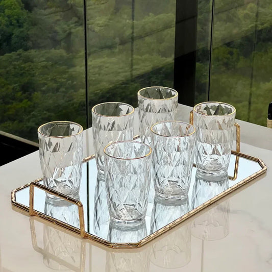 Set of 6 glasses Tall of Glass Diamond Gold trim 390ml