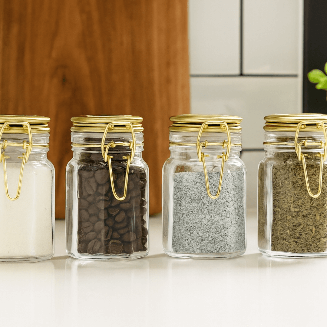 Kit 4 Spice rack Herméticos Glass and Metal Gold