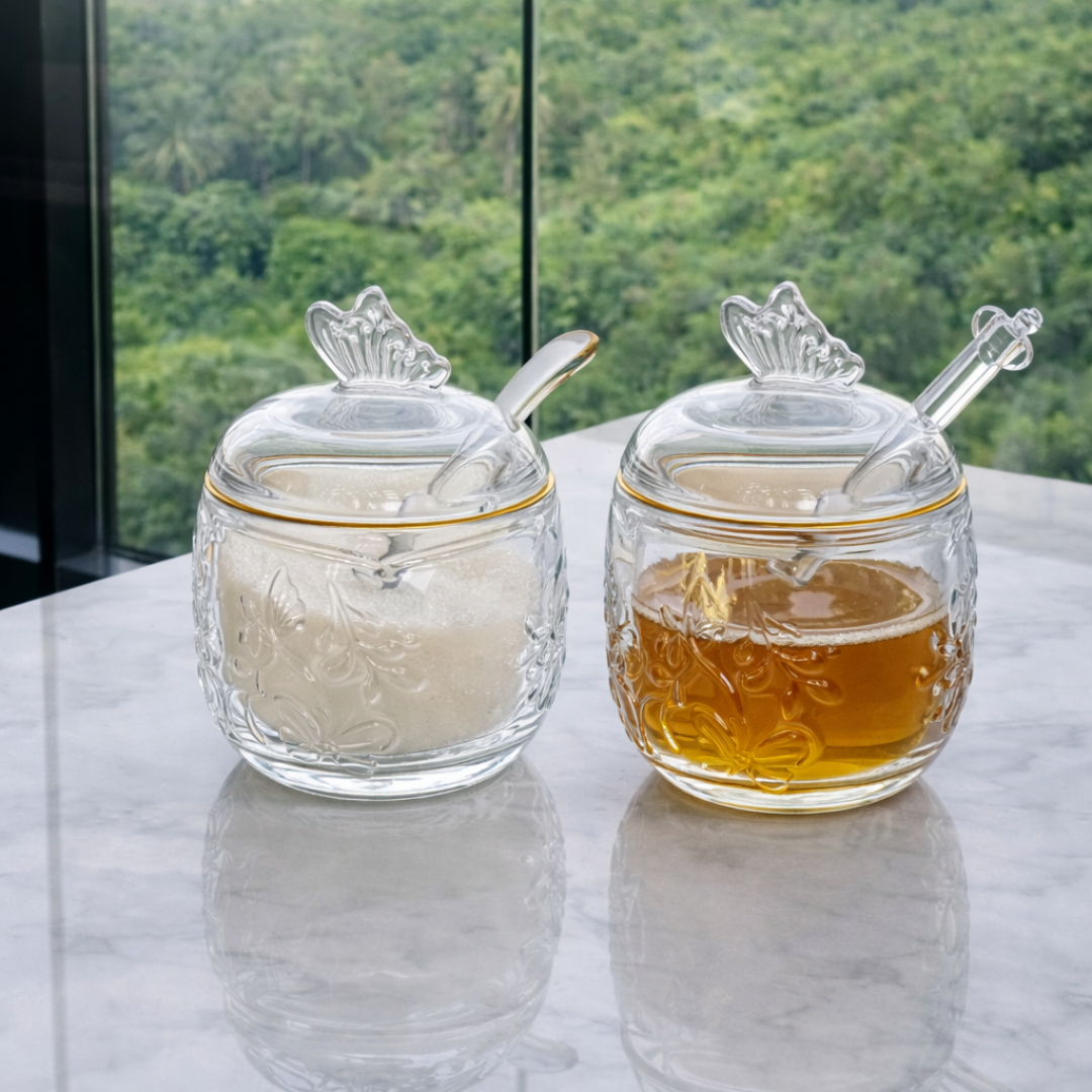 Honey pot set + Sugar bowl of Crystal New Butterfly 2 Pieces