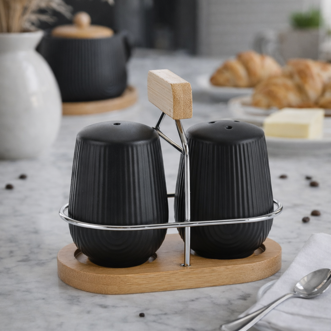 Salt and pepper shakers of Ceramic Oasis Black with Holder 90ml 3 pieces