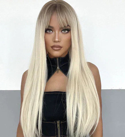 Peruca wig média com franja orgânica fibra premium