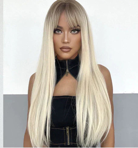 Peruca wig média com franja orgânica fibra premium