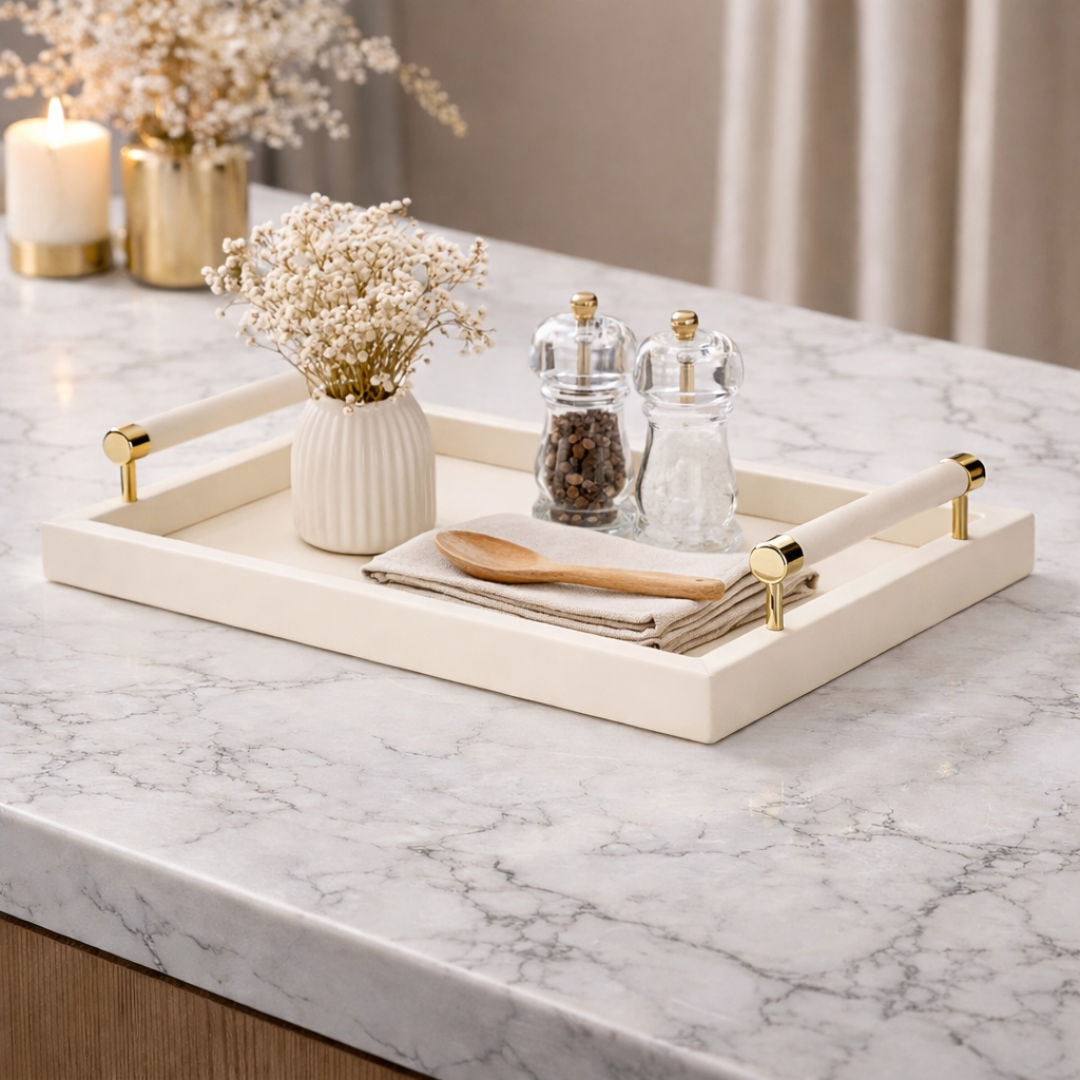 Tray in MDF and PU with handles Beige 41cm P