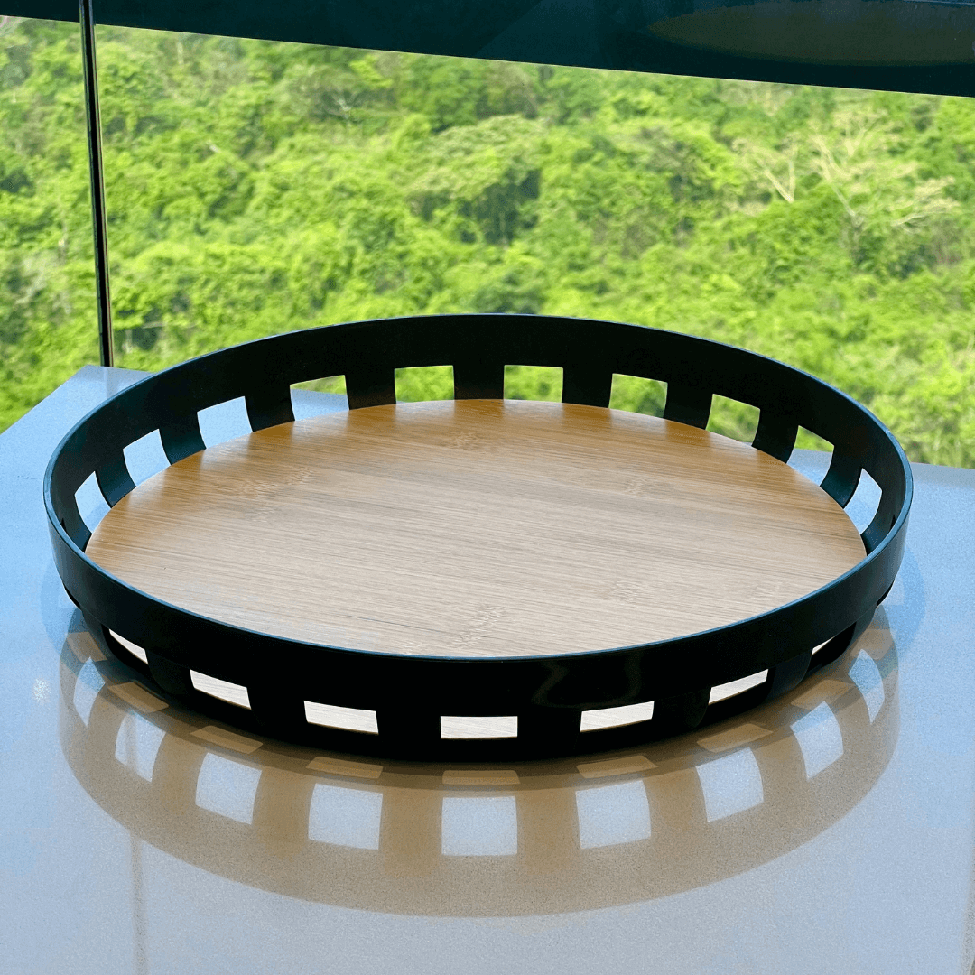 Round tray Lume Plastic and bamboo Black 35cm