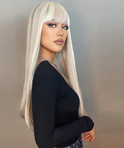 Peruca wig média com franja orgânica fibra premium