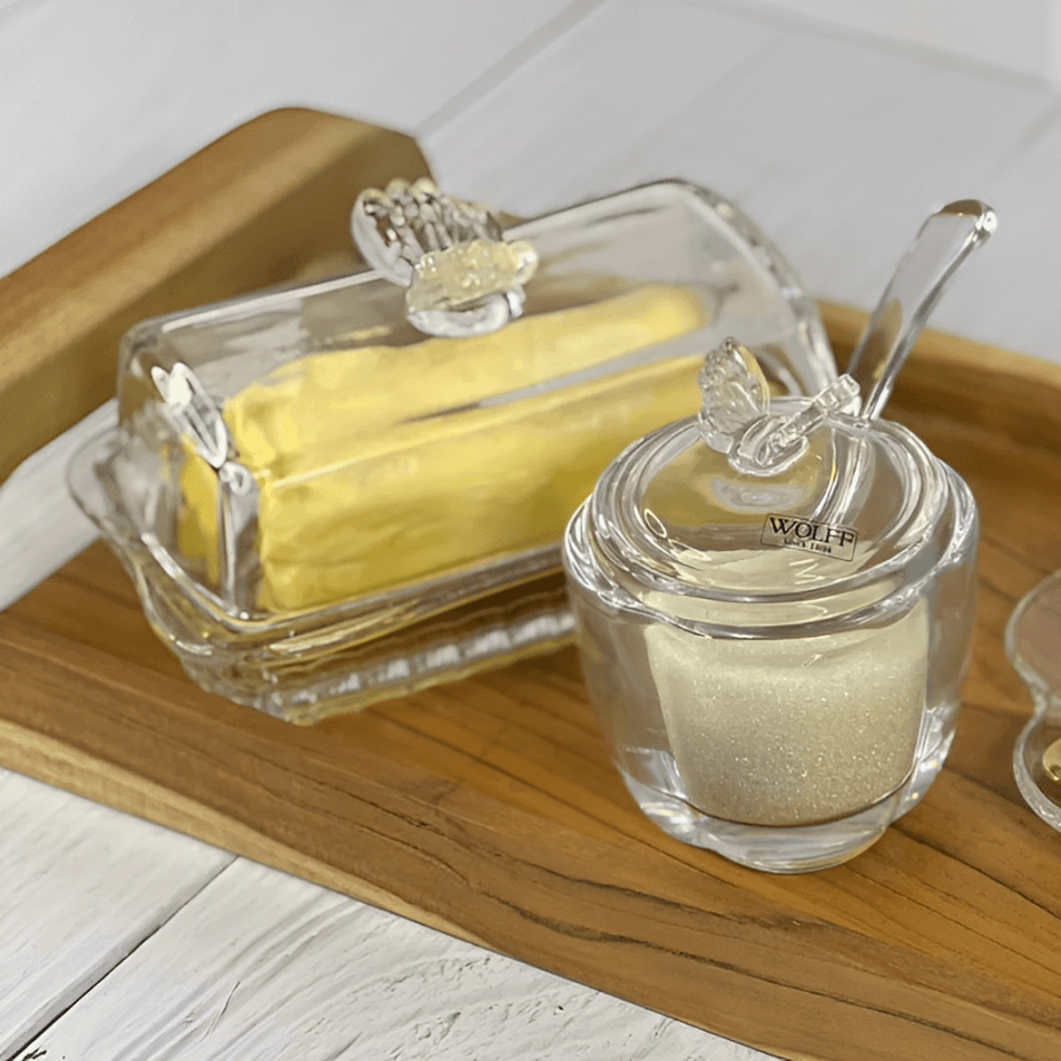 Sugar bowl set and Butter dish of Glass Butterfly 2 Pieces