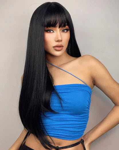 Peruca wig média com franja orgânica fibra premium