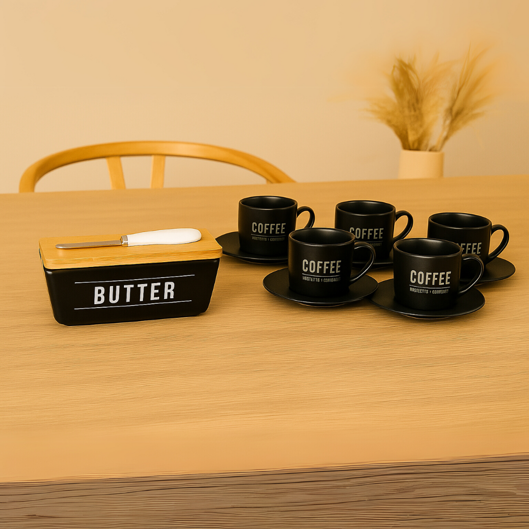 Cup set and Butter dish Manhattan Black 7 pieces