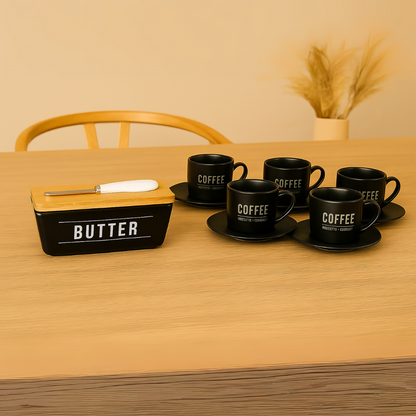 Cup set and Butter dish Manhattan Black 7 pieces