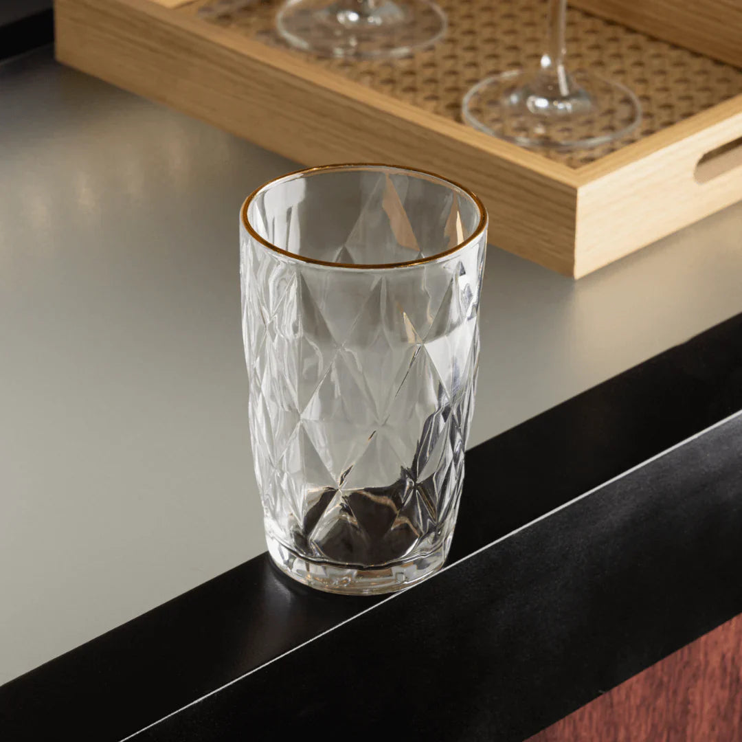 Set of 6 glasses Tall of Glass Diamond Gold trim 390ml