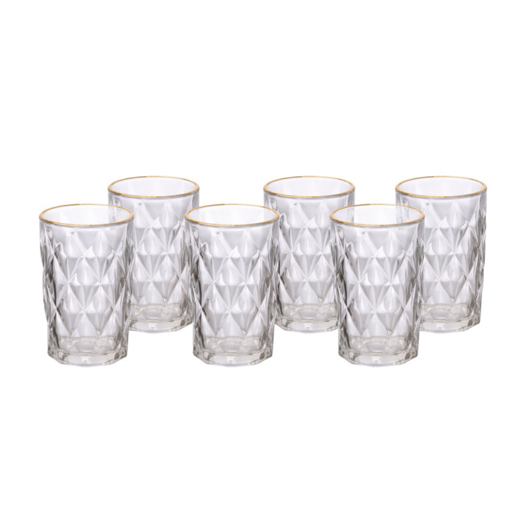 Set of 6 glasses Diamond Long Drink Gold trim 340ml