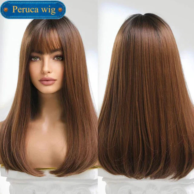 Peruca wig média com franja orgânica fibra premium