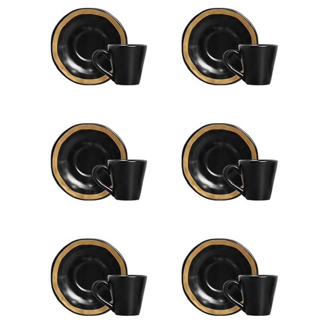 Set of 6 cups of Tea with saucer Filete Amassada Matte black 200ml