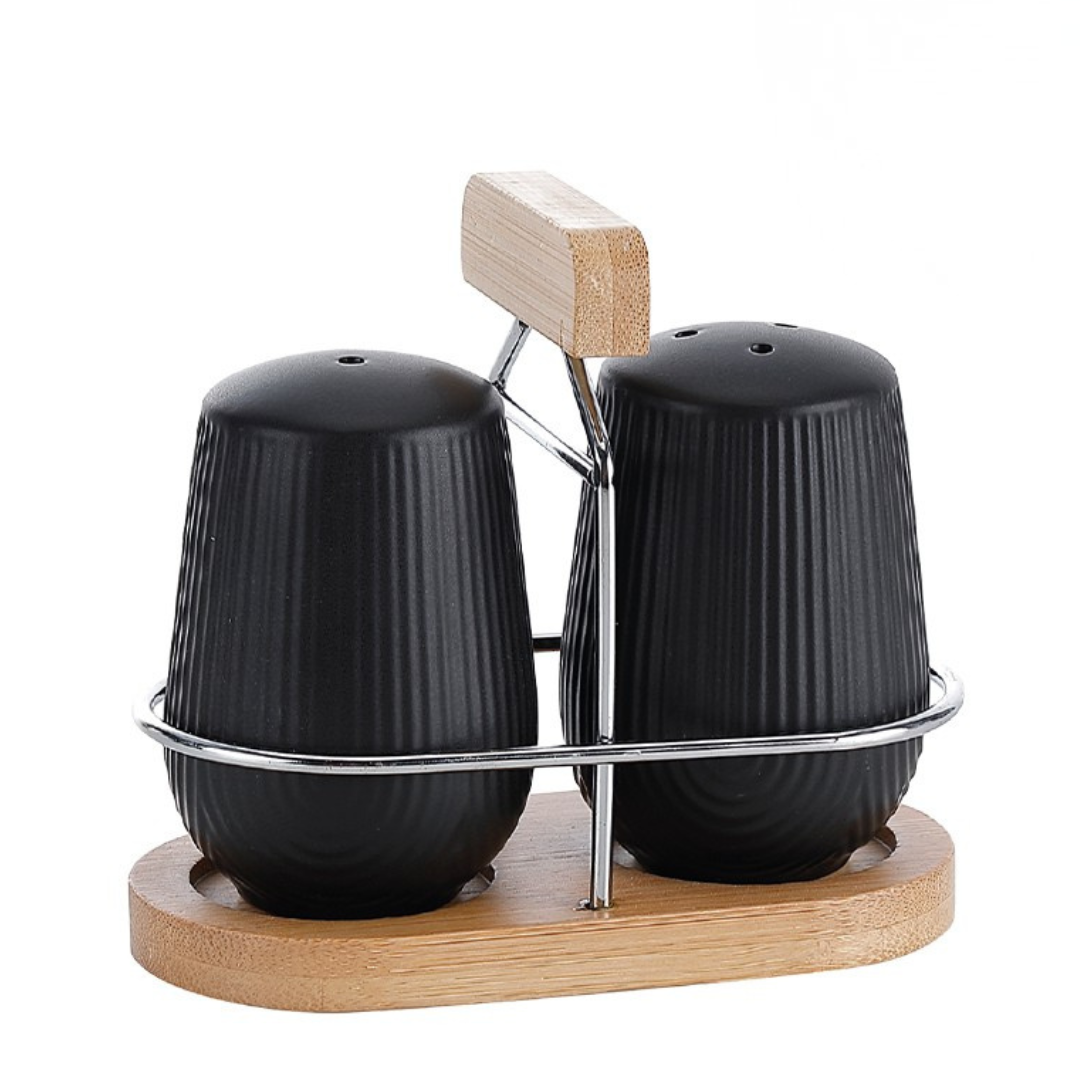 Salt and pepper shakers of Ceramic Oasis Black with Holder 90ml 3 pieces