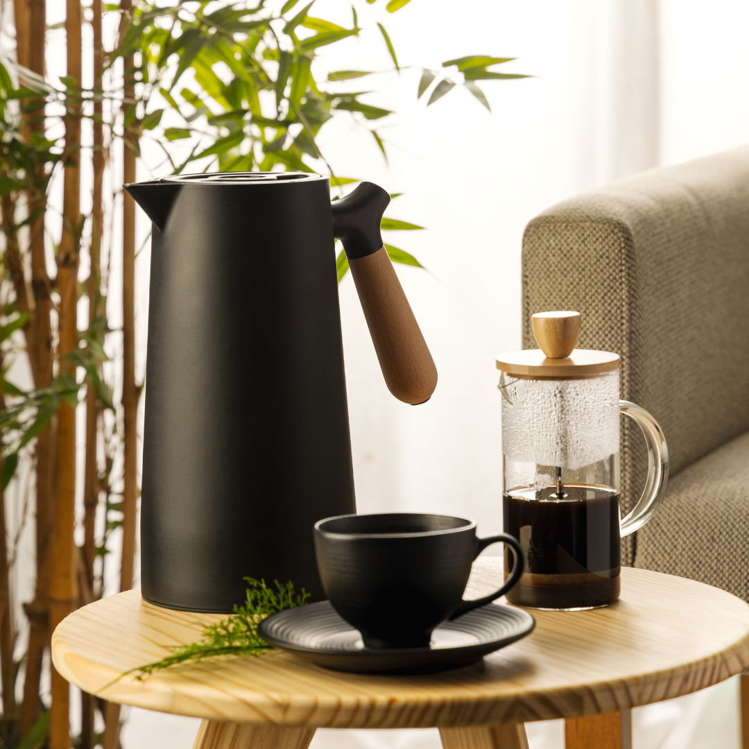 Thermal bottle with thermometer and Handle of Wood Nordic Black 1 Liter