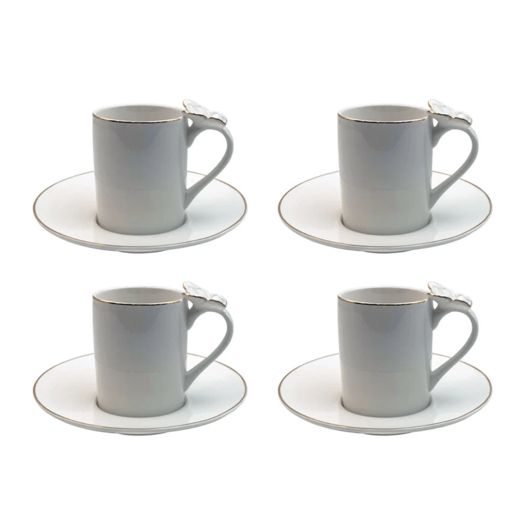 Set of 4 cups for coffee with saucer Rammoudie Butterfly New Bone Gold rim 100ml