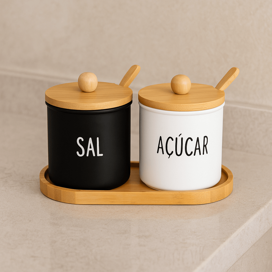 Set Condiment holder Doha Glass with spoon and Base of Bamboo 300ml 3 Pieces
