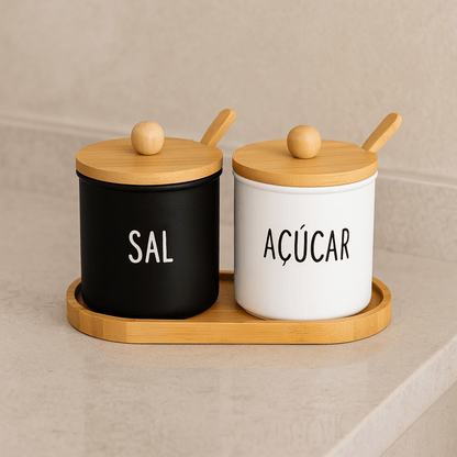 Set Condiment holder Doha Glass with spoon and Base of Bamboo 300ml 3 Pieces