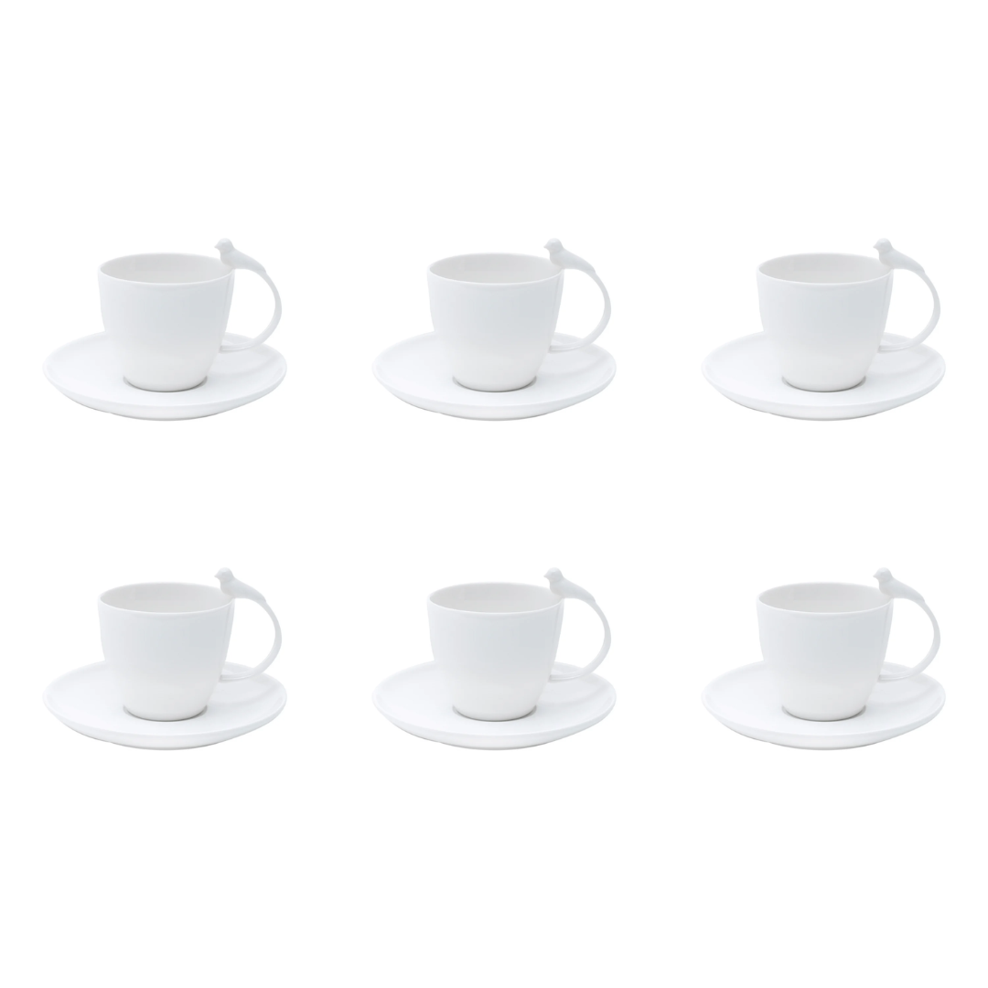 Set of 6 cups of Cha Porcelain with saucer Birds White 200ml