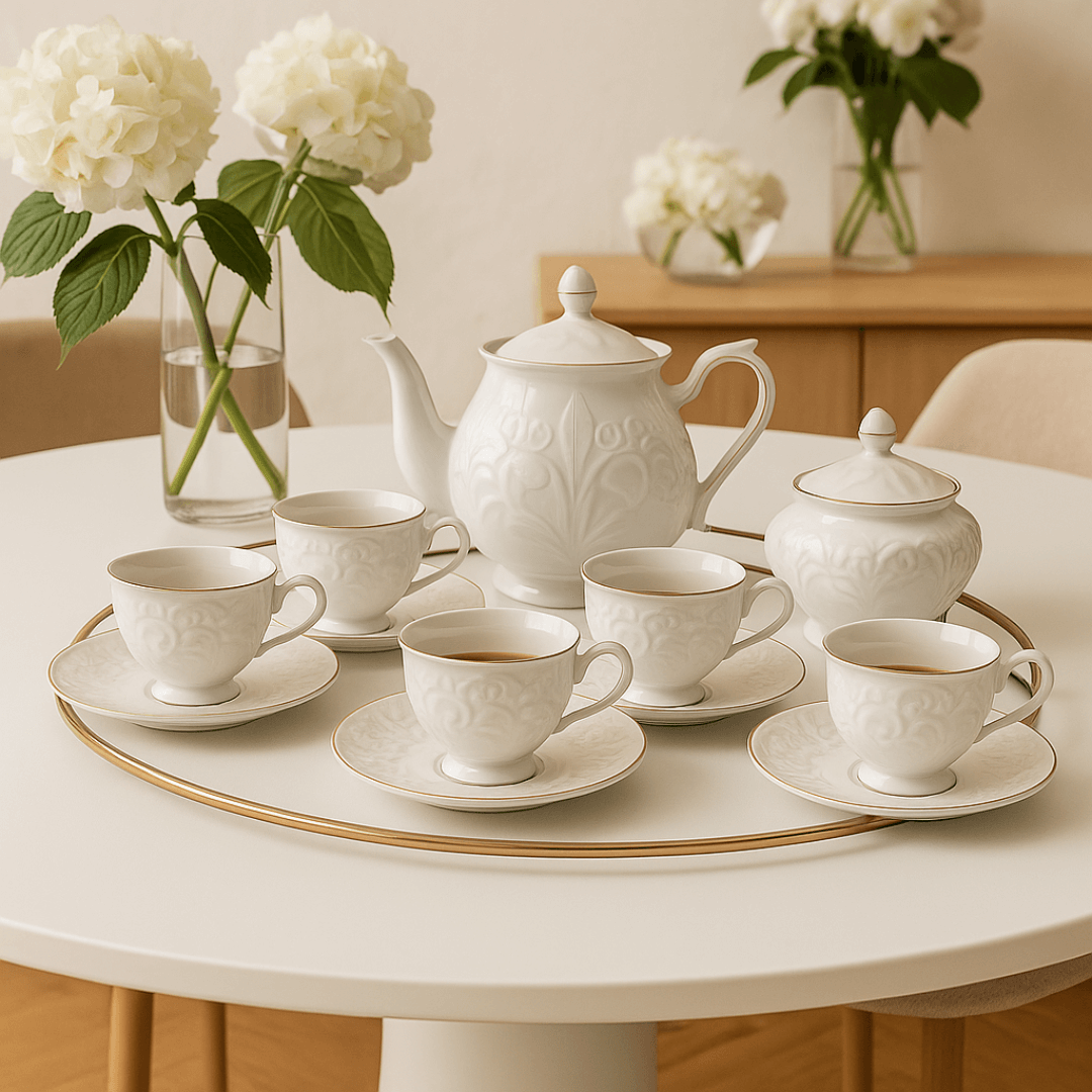 Set of 14 pieces for tea Scarlet New Bone White and gold